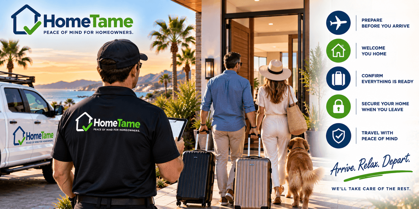 HomeTame arrival and departure service: prepare before you arrive, welcome you home, confirm everything is ready, and secure your home when you leave