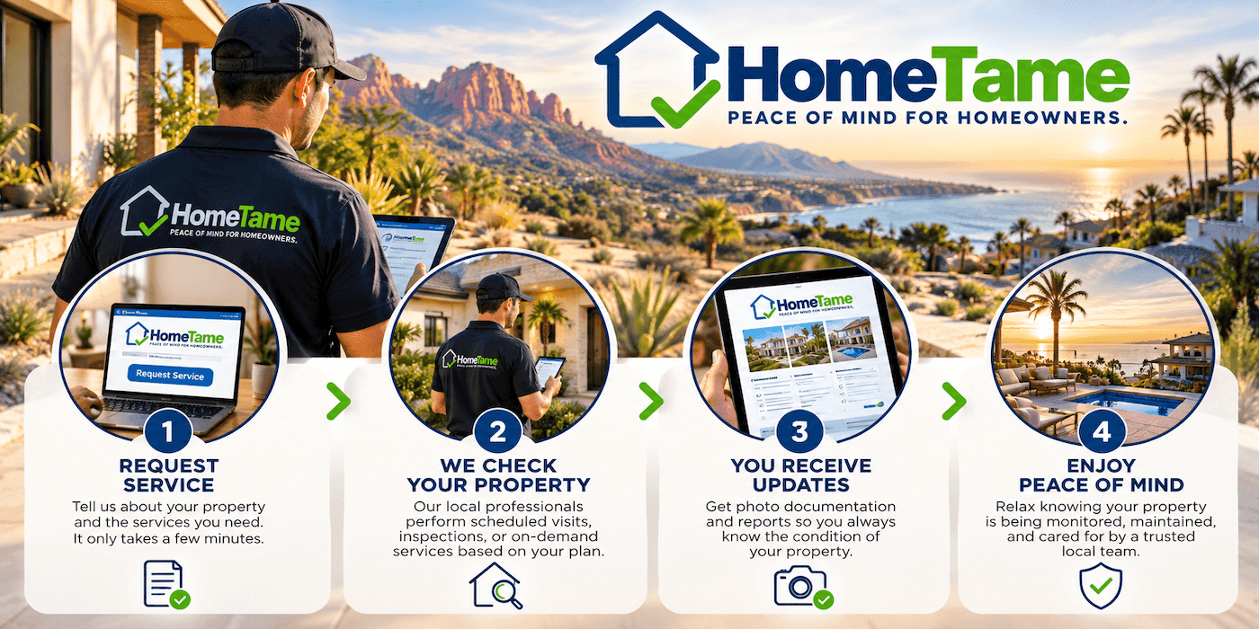 HomeTame in four steps: request service, we check your property, you receive updates, and enjoy peace of mind