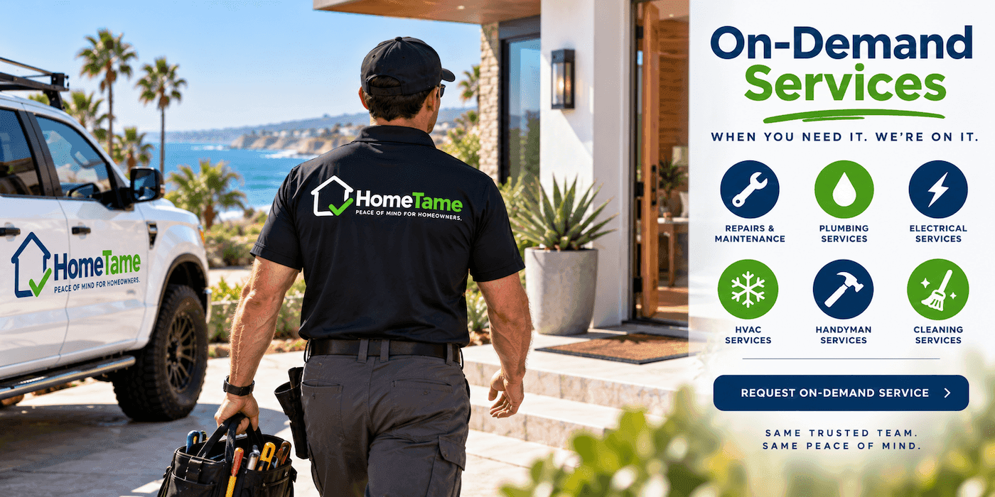 HomeTame on-demand services including repairs and maintenance, plumbing, electrical, HVAC, handyman, and cleaning coordination