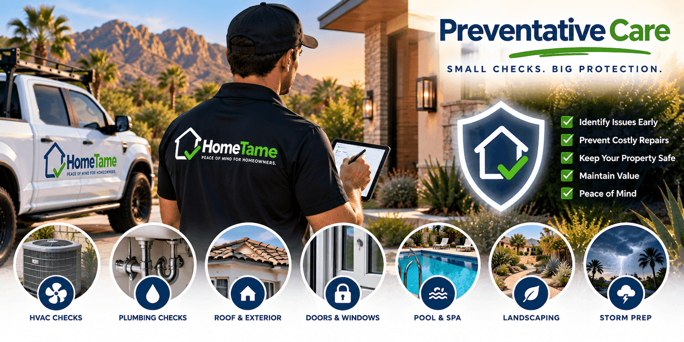 HomeTame Preventive Care: small checks, big protection, covering HVAC, plumbing, roof and exterior, doors and windows, pool and spa, landscaping, and storm prep
