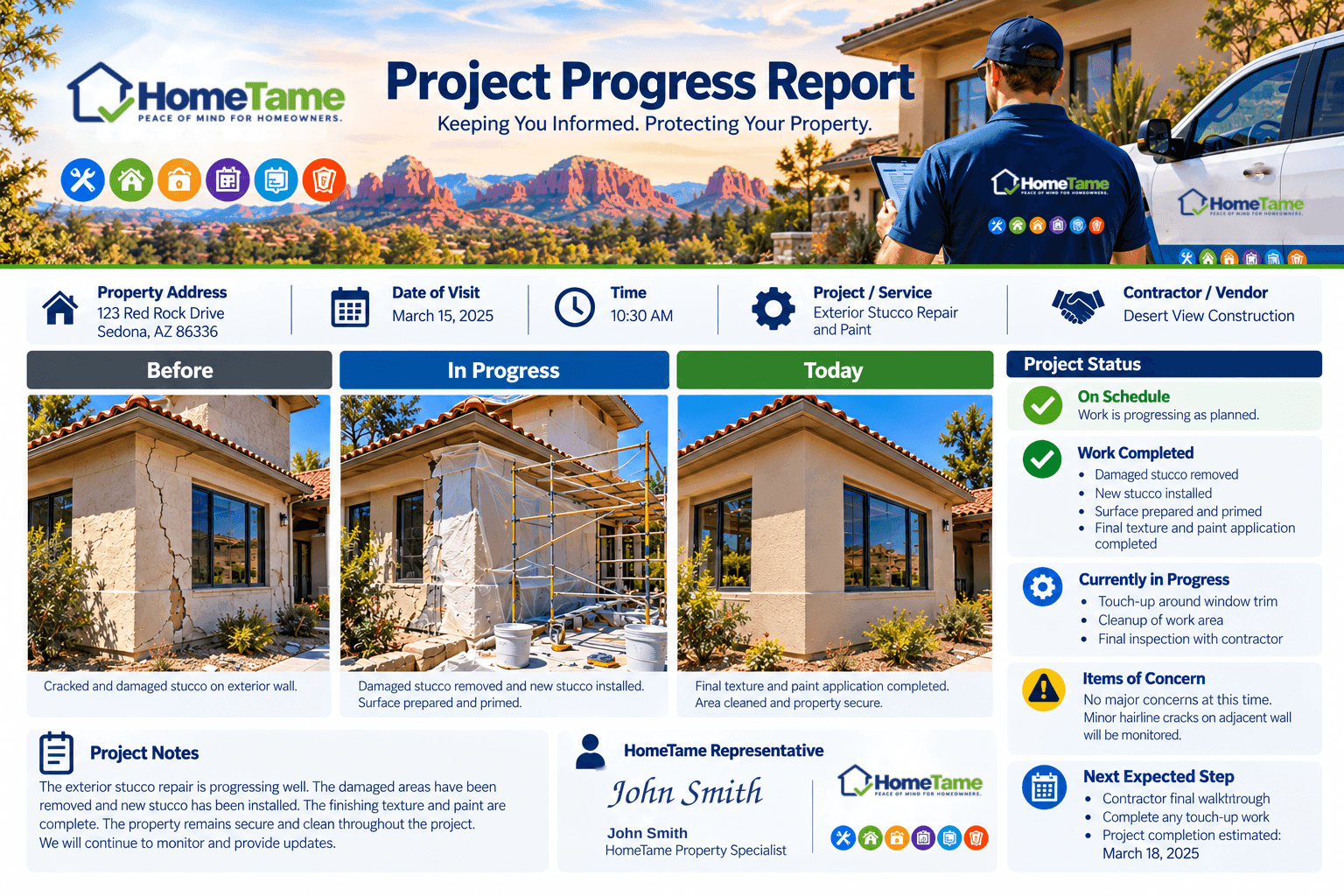 Illustrative HomeTame Project Progress Report with before, in-progress, and current photos, project status, project notes, and next expected step