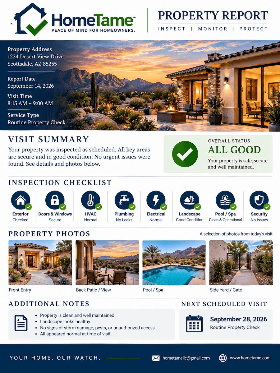 Illustrative HomeTame property report with a visit summary, inspection checklist, and photos