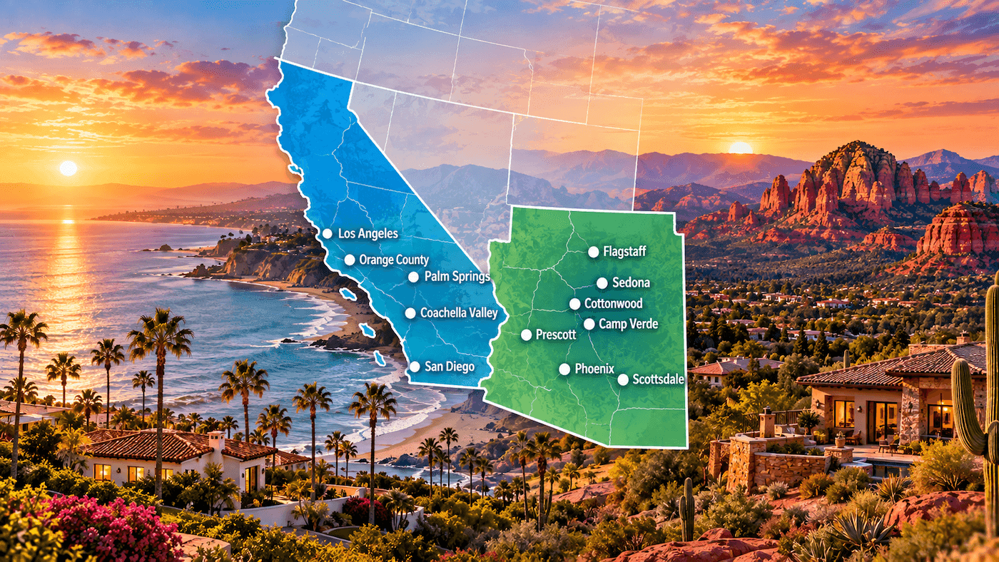 Map of HomeTame service areas across California and Arizona, including Los Angeles, Orange County, Palm Springs, Phoenix, Scottsdale, and Sedona