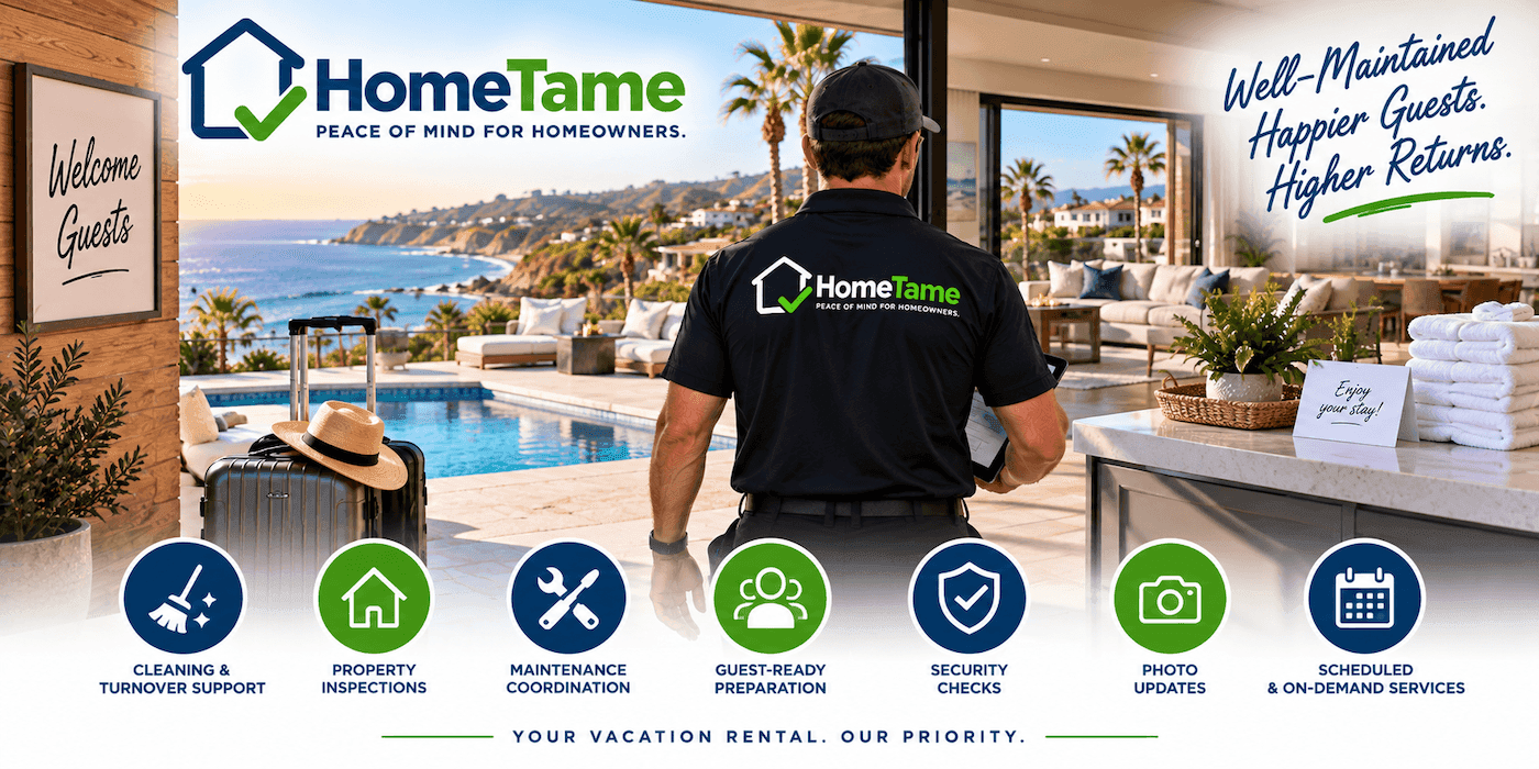 HomeTame property services including cleaning support, inspections, maintenance coordination, security checks, and photo updates