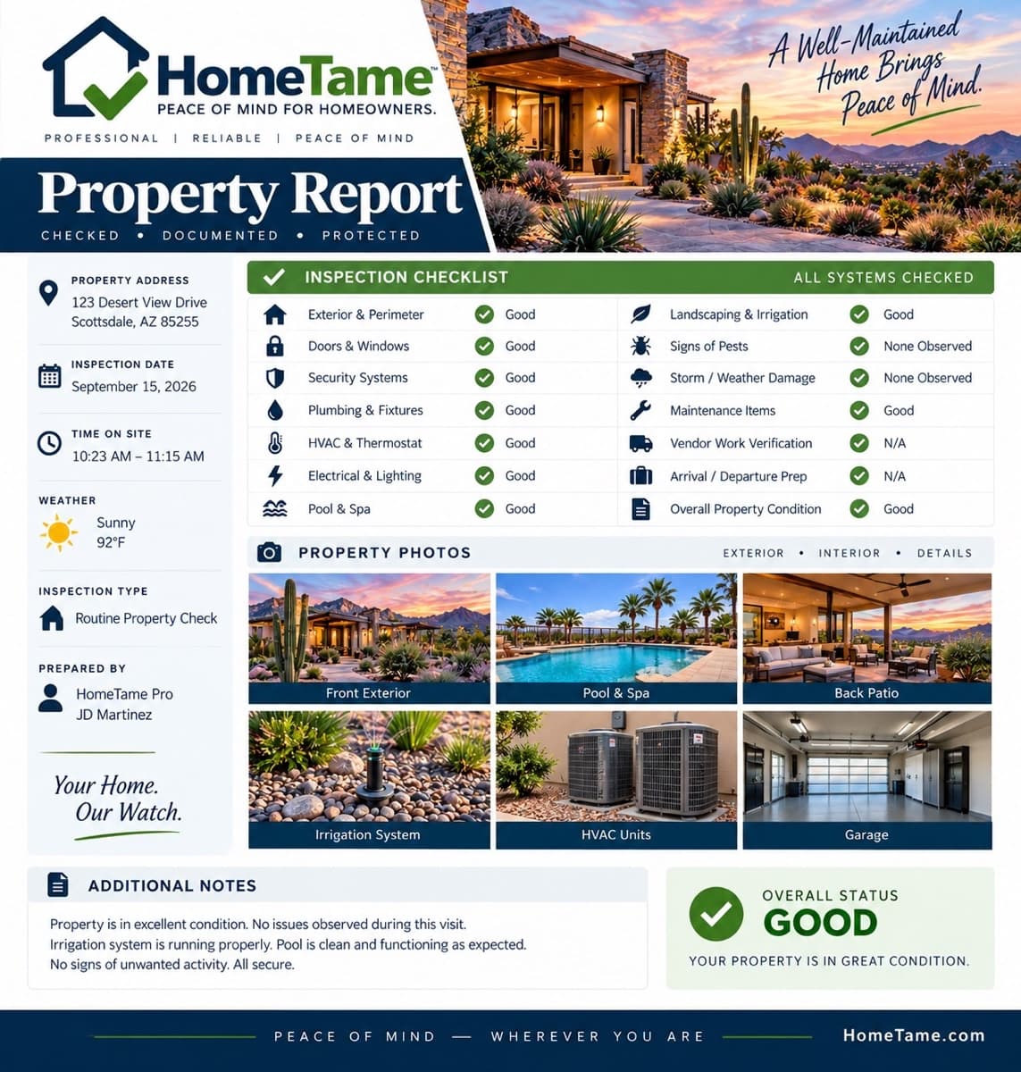 Illustrative HomeTame property report with a visit summary, inspection checklist, property photos, and notes