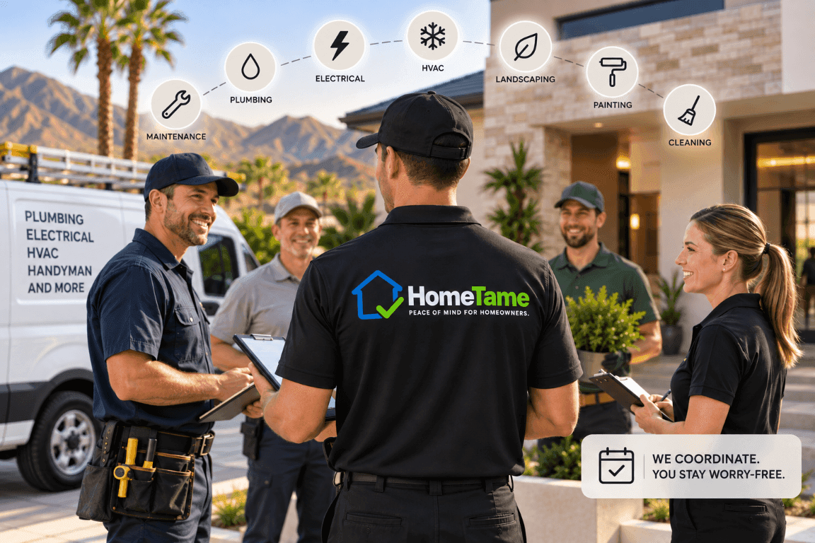 HomeTame team meeting with local home-service professionals including plumbing, electrical, HVAC, and handyman pros